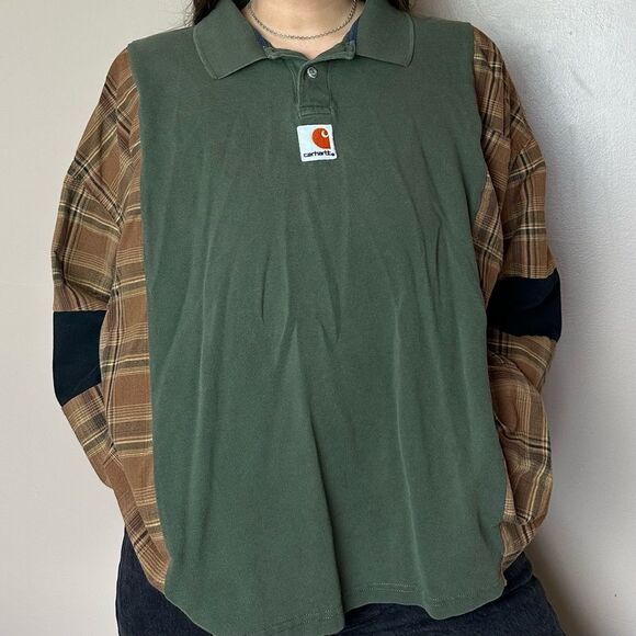 Reworked Upcycled Carhartt Patchwork Long Sleeve Relaxed Baggy Flannel Shirt Top - Picture 4 of 4